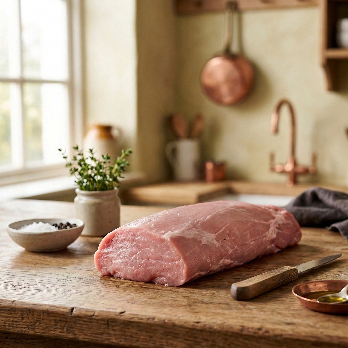 Raw veal loin on a wooden cutting board in a kitchen setting