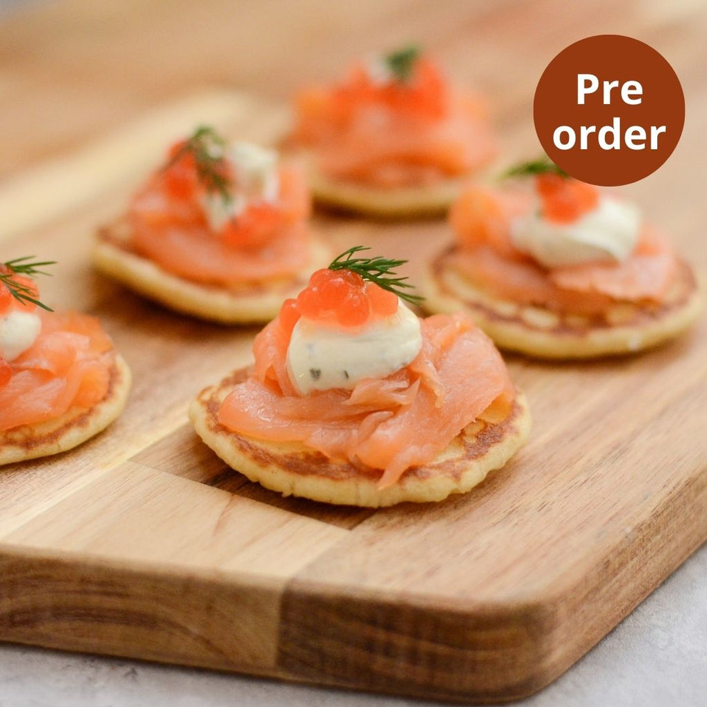 Canapes salmon eggs and cream blini, Maison Duffour, Dubai, UAE