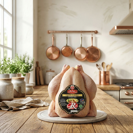 Raw chicken on a cutting board with a brand label in a kitchen setting