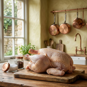 Raw chicken on a wooden cutting board in a rustic kitchen with copper pots hanging on the wall.