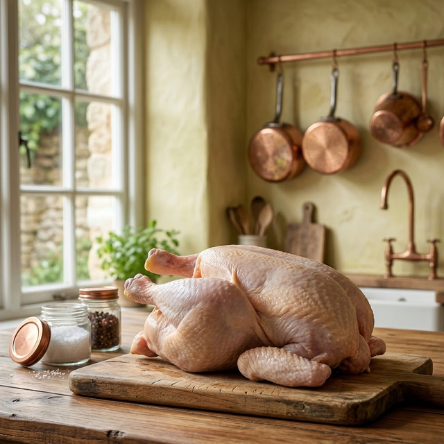 Raw chicken on a wooden cutting board in a rustic kitchen with copper pots hanging on the wall.